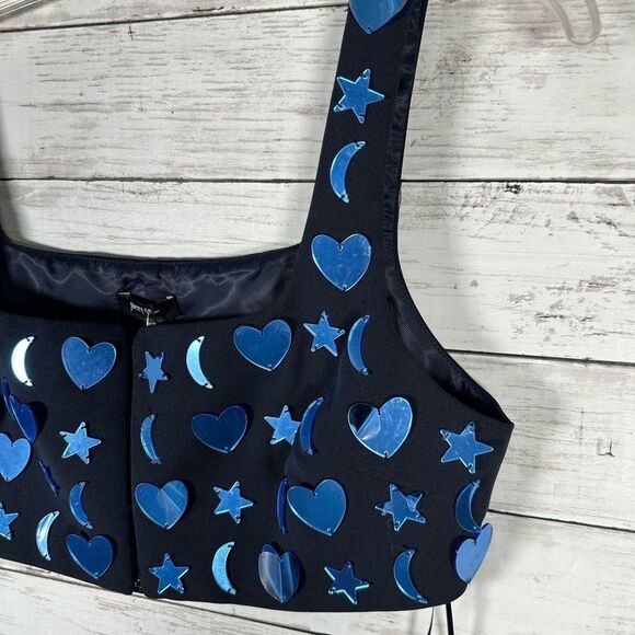 Nasty Gal Mirrored Charm Heart Moon Stars Crop Bralette Navy 8 NWT $107 - Picture 4 of 12